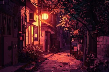A peaceful urban alleyway with a vintage street lamp casting warm light. Cozy vibe, Generative AI