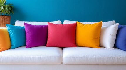 Colorful Scatter Cushions Arranged on a White Sofa Against a Blue Wall. Interior Design, Home Decor.