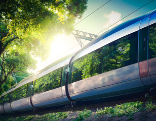 The image shows a futuristic train, a symbol of sustainable transport, traveling on an elevated track surrounded by trees and eco-friendly skyscrapers. It's an example of green mobility that reduces e