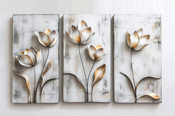 Oil paintings artwork, floral, leaves and flowers triptych 