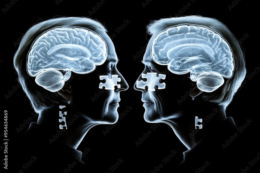 Poster calculative neural coupling x ray style image of two brains with puzzle pieces symbolizing the compl