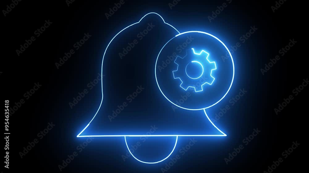 Poster notification rolling with setting icon. blue color neon glowing notification icon with black backgro