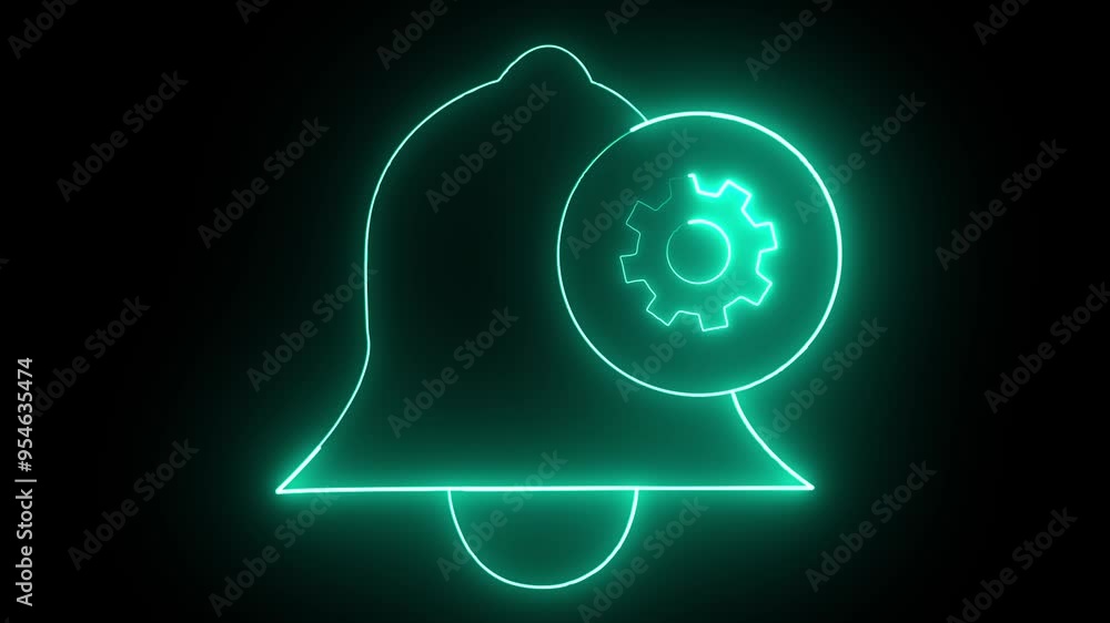 Aufkleber notification rolling with setting icon. cyan color neon glowing notification icon with black backgro