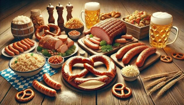 Bavarian Oktoberfest Spread Concept with Pretzels, Sausages, Pork Roast, and Beer