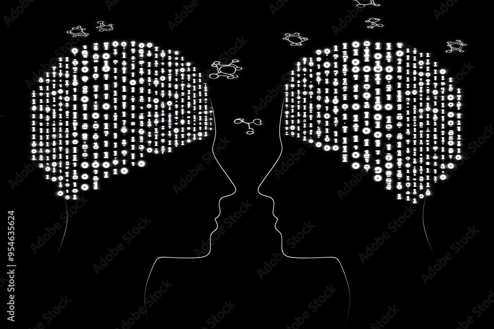 Poster dynamic neural coupling abstract black and white profiles with pixelated brains symbolizing the digi