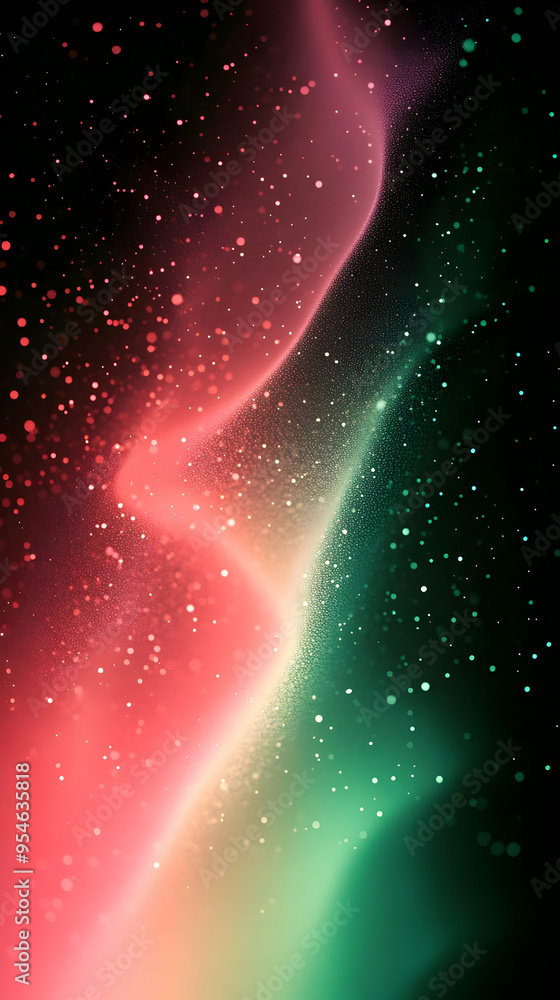 Poster abstract pink and green light streaks on a dark background with sparkling particles.