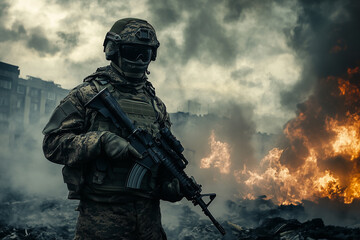 A soldier stands vigilant amidst a battlefield, surrounded by smoke and fire, symbolizing strength, resilience, and the harsh realities of conflict.