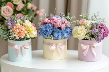Charming floral arrangements in pastel containers, showcasing vibrant blooms for elegant decor and special occasions.