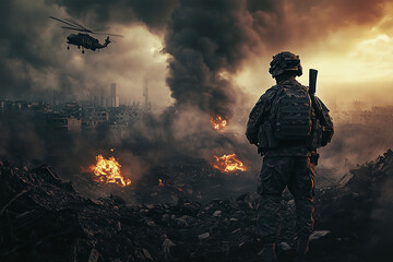 Naklejka premium A soldier stands amidst a burning city, watching a helicopter hover overhead. The scene is engulfed in smoke and fire, symbolizing war and destruction.