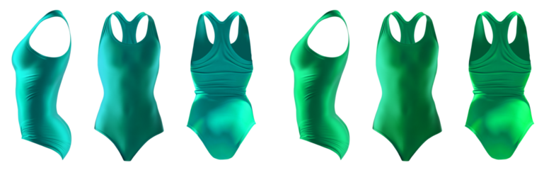 2 Set of turquoise blue green front back side view, one piece racerback round neck classic silhouette swimsuit swimwear bodysuit leotard on transparent cutout PNG. Mockup template for artwork design