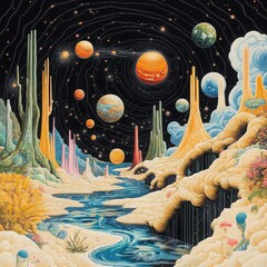 Cosmic Oasis: A surreal landscape unfolds under a starry sky, where vibrant planets dance amidst towering rock formations and a serene river meanders through an alien world.  A canvas of otherworldly 