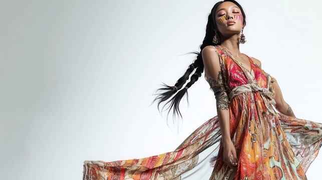 A graceful Asian woman in a colorful bohemian dress strikes a pose, highlighting her unique style and the flowing fabric's movement