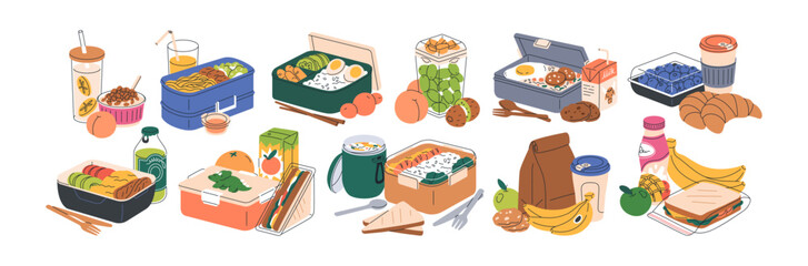 Lunchbox set with healthy food and drink. Portable meal containers, bento lunch boxes with salad, sandwich, fruit. Takeaway homemade snacks. Flat vector illustration isolated on white background.