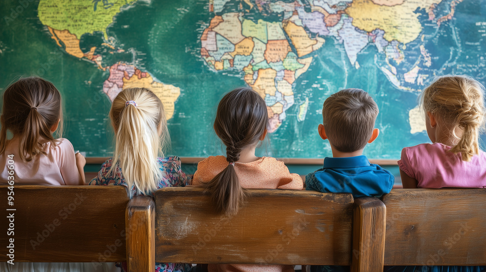 Poster  Children sitting on a bench, facing a world map on a chalkboard, symbolizing global learning and the curiosity of young minds.