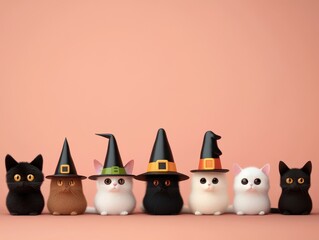 Obraz premium A charming collection of cute cat figurines wearing witch hats, perfect for Halloween decorations or whimsical pet-themed designs.