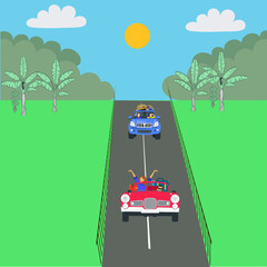 Couple enjoying road trip by their car. Vector illustration.