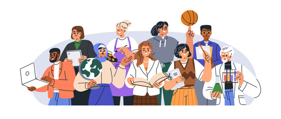 Teachers group portrait, school staff. Happy education personnel standing together, teaching different subjects, science, music, art and sport. Flat vector illustration isolated on white background.