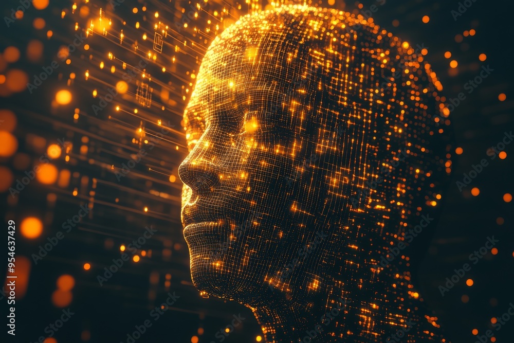 Poster experimental interpersonal digital silhouette of a head in a glowing futuristic data landscape symbo