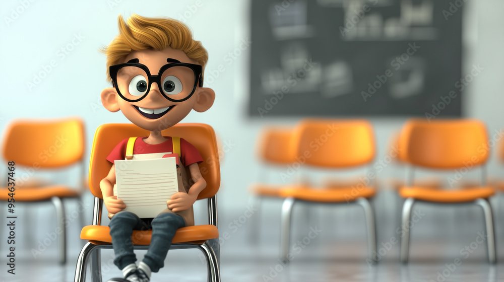 Poster an animated boy with glasses sits happily in a classroom holding a paper, ready for learning, captur