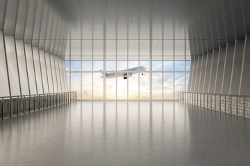 Empty airport walkway interior with window glasses