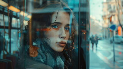 City Transit Chronicles: Cinematic Documentary Shot of Tram Billboard in Winter Afternoon Light