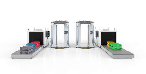 Airport security checkpoint with security gates and scanner machine