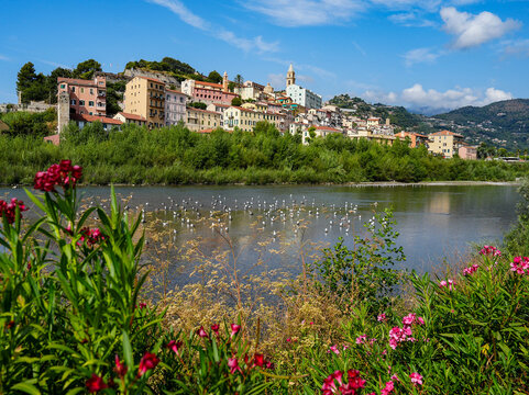 **Title:**
Charming Coastal Town Of Ventimiglia In Southern Europe With Colorful Houses, Lush Greenery, Vibrant Flowers, Serene River, And Clear Blue Sky Under The Warm Sun In Italy's Picturesque Land