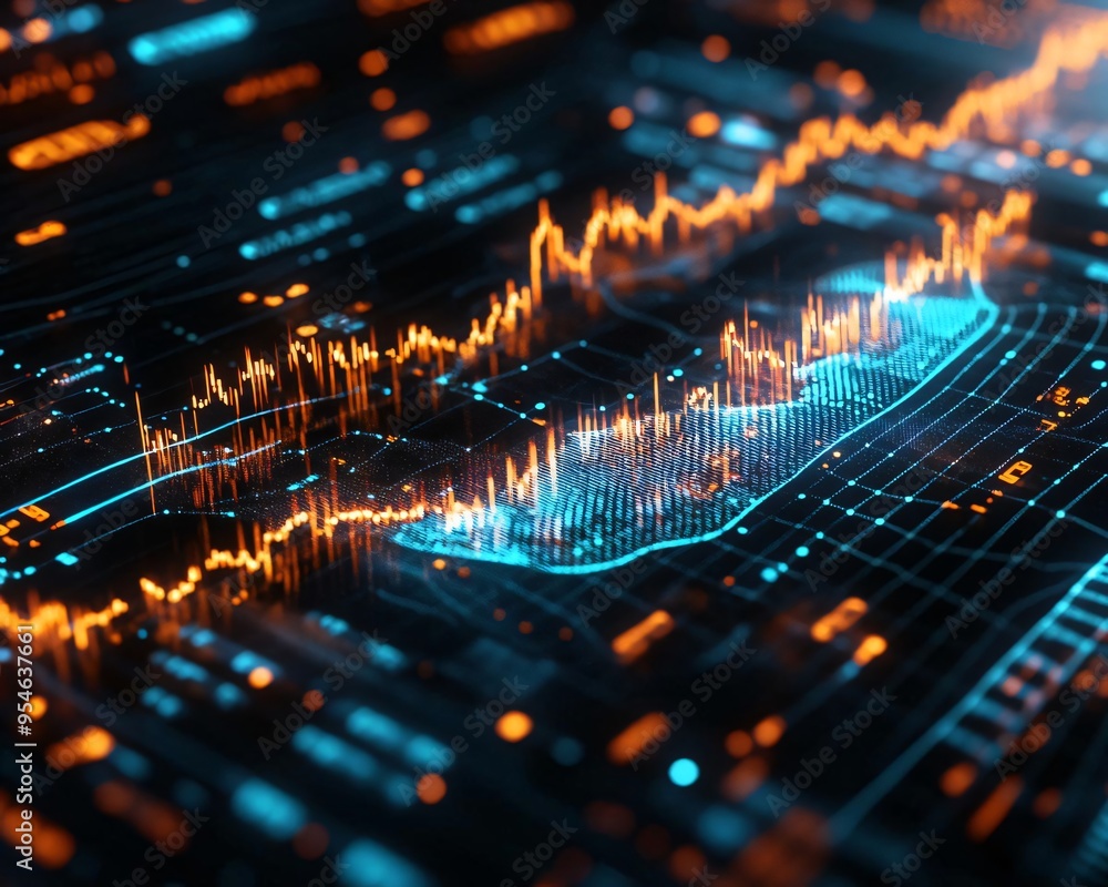 Poster vibrant digital data visualization with glowing graphs and metrics, representing financial trends an