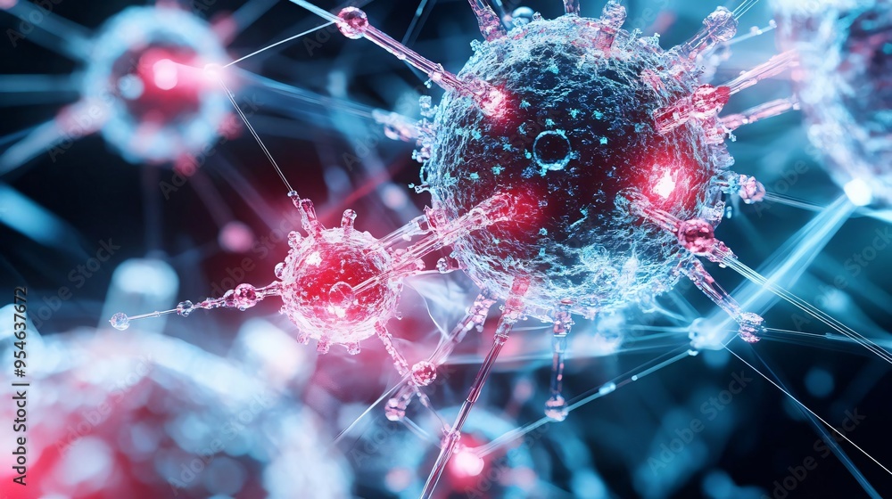 Poster vibrant digital illustration of a virus particle with intricate details, showcasing its structure in
