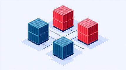 Fototapeta premium Isometric illustration of red and blue cubes representing data blocks connected by lines, symbolizing network structure and flow.