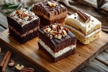Assortment of Delicious Cakes on a Wooden Cutting Board