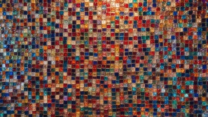 Fototapeta premium Vibrant mosaic of colorful glass tiles reflects light, creating a stylish and creative background with intricate patterns and textures