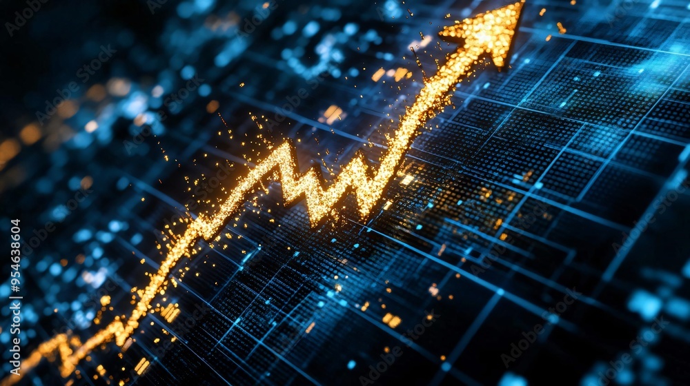 Poster dynamic graph showing increasing growth with golden arrows against a digital background, symbolizing