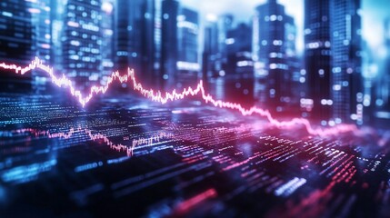 Obraz premium Futuristic city skyline with glowing data visualization and fluctuating lines representing market trends and technology.