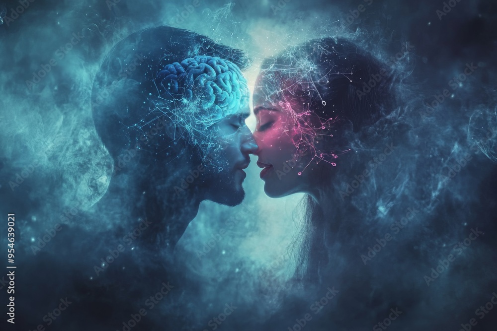 Poster focused interpersonal ethereal depiction of two faces merging into a galaxy with glowing brains symb