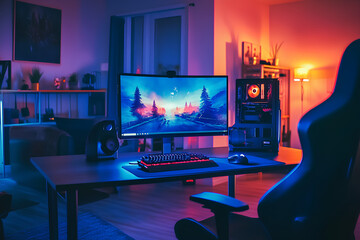 Fototapeta premium Modern gaming setup with large monitor, keyboard, mouse, speakers and comfortable gaming chair in home office.