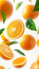 Flying fresh raw whole and sliced oranges with leaves on white background. Falling oranges