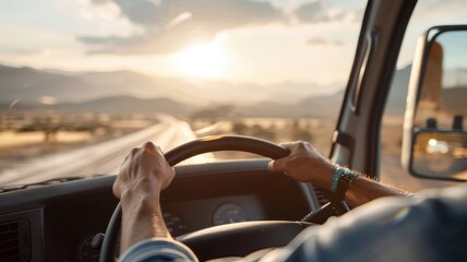 A truck driver navigating a winding mountain road at dusk.