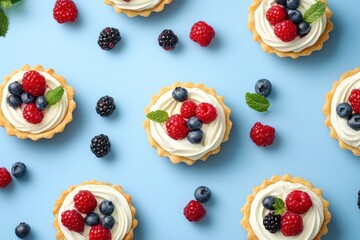 Sweet Berry Tartlets on Blue Background