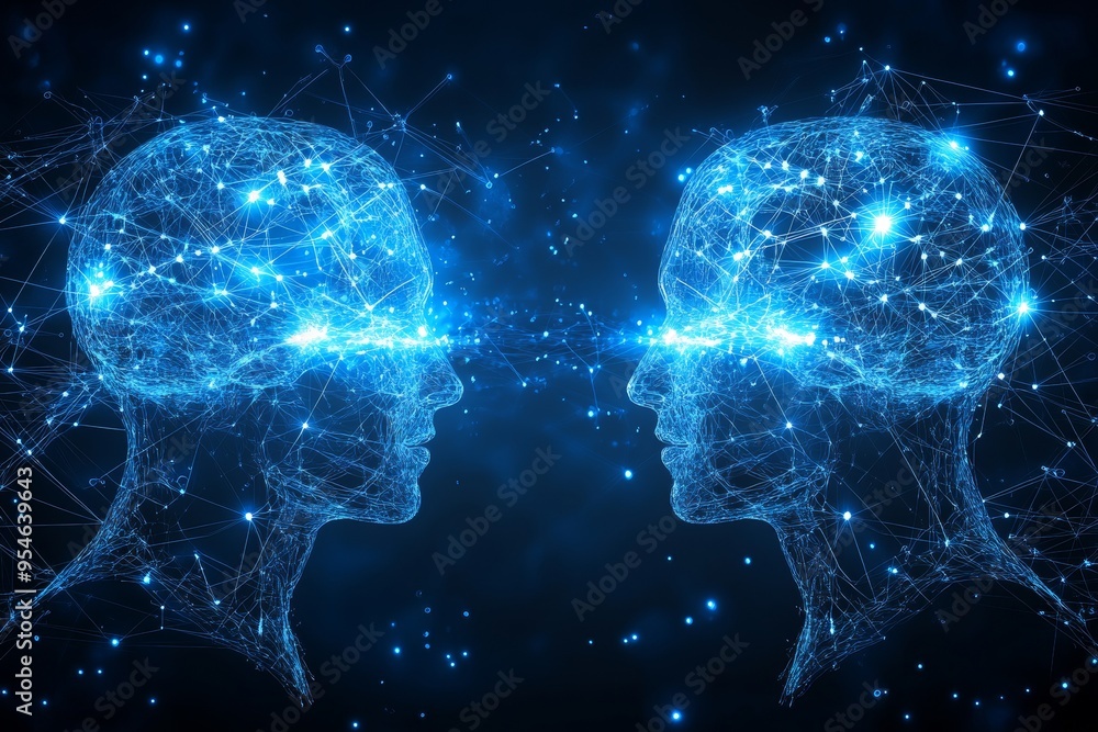 Aufkleber critical interpersonal digital double exposure of two human brains connected by neural pathways symb