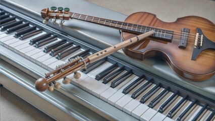  flute violin and guitar neck on piano.