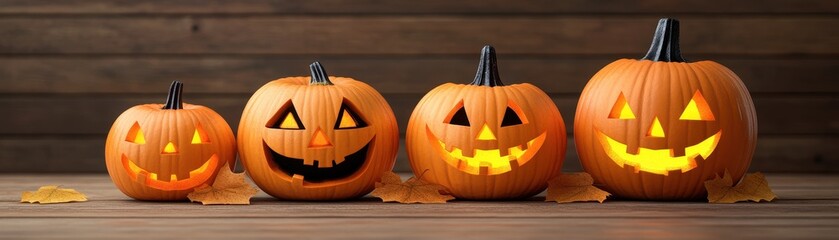 Obraz premium A festive display of four carved pumpkins, each with unique expressions, perfect for Halloween decorations and autumn celebrations.