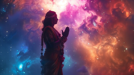 Maveli or mahabali wallpaper art, showing benevolent and generous, indian grand celestial character, beautiful aesthetic style, breathtaking heavenly background