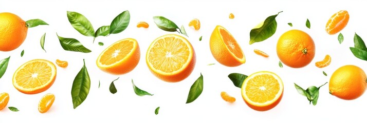 Flying fresh raw whole and sliced oranges with leaves on white background. Falling oranges