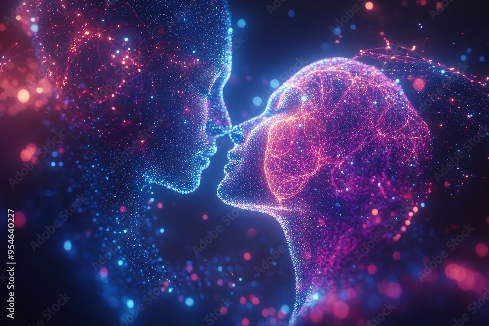 Poster systematic interpersonal ethereal depiction of two faces with glowing brains symbolizing the fusion 