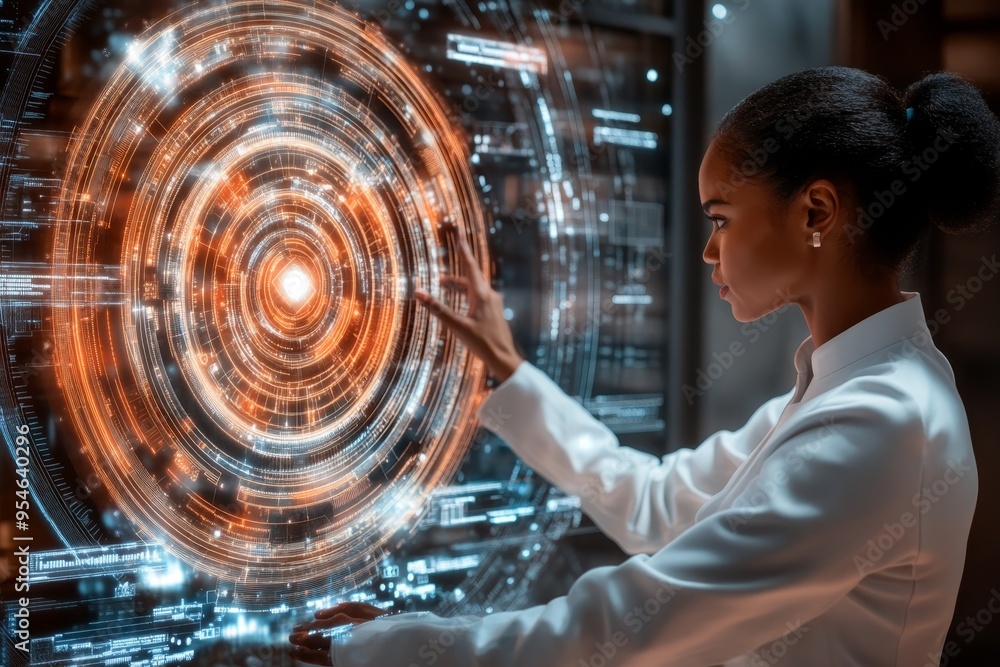 Poster scientist working with futuristic holographic interface, big data analysis, and quantum computing.