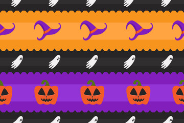 Halloween theme horizontal seamless pattern with jack o lantern, witch hat, and ghost. Halloween pattern with flat and simple design