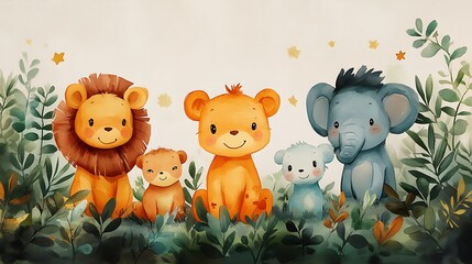 A cheerful group of cartoon animals in a lush, colorful environment.