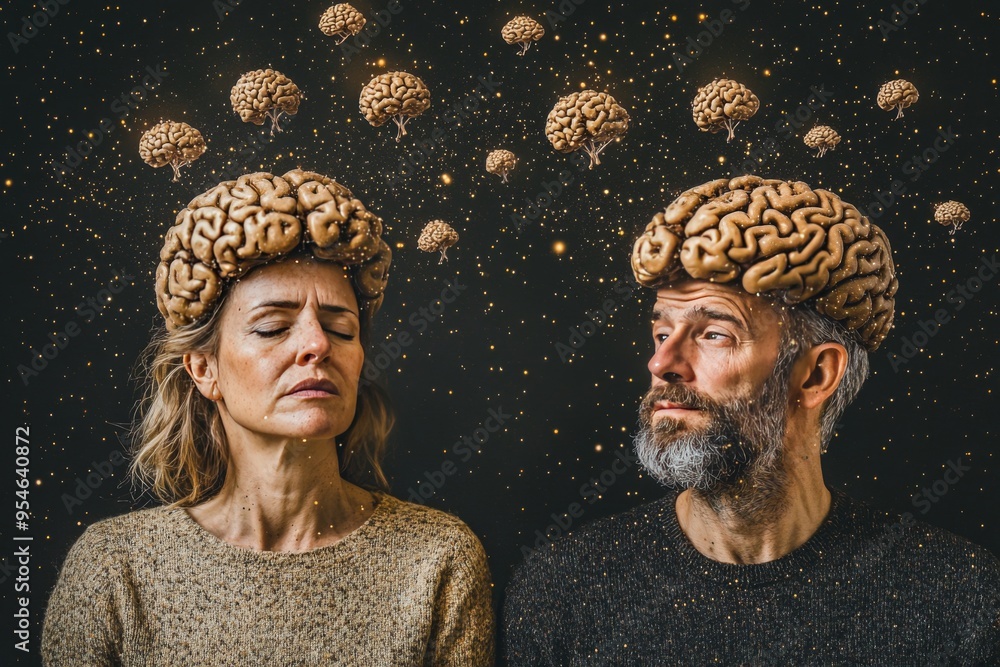 Poster adaptive interpersonal elderly couple with brains exposed portraying the enduring intellectual conne