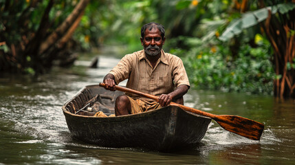 An indian fisherman rowing a boat in kerala backwaters.